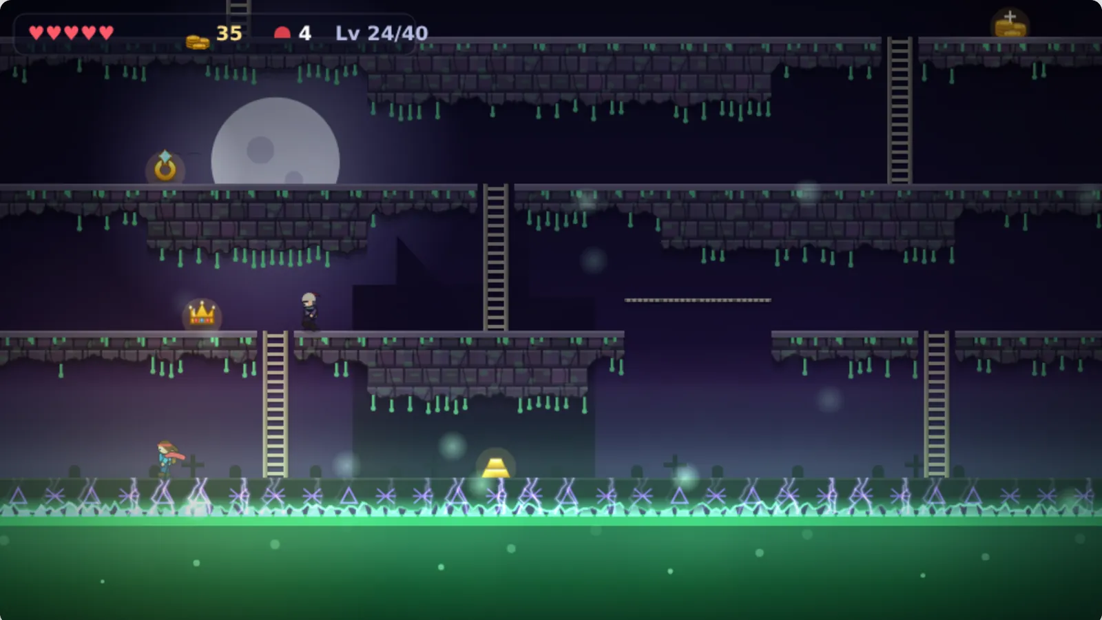 Haunted Crypt level with mossy stone under a full moon