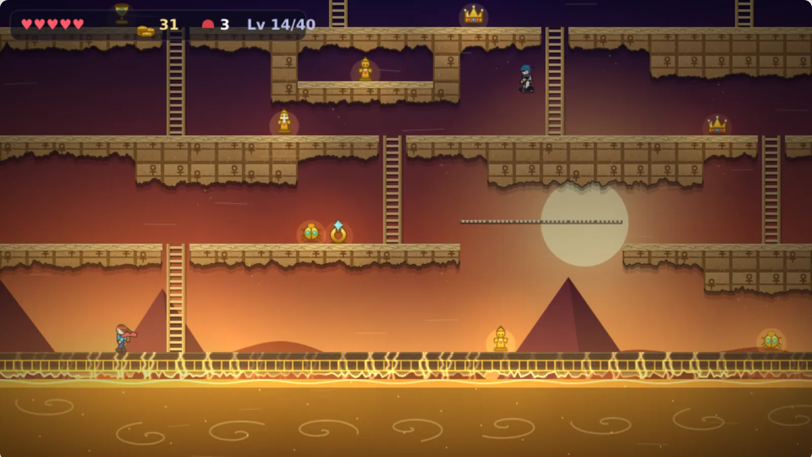 Desert Temple level: sandstone platforms with ankh carvings, ladders, golden artifacts and a guard.