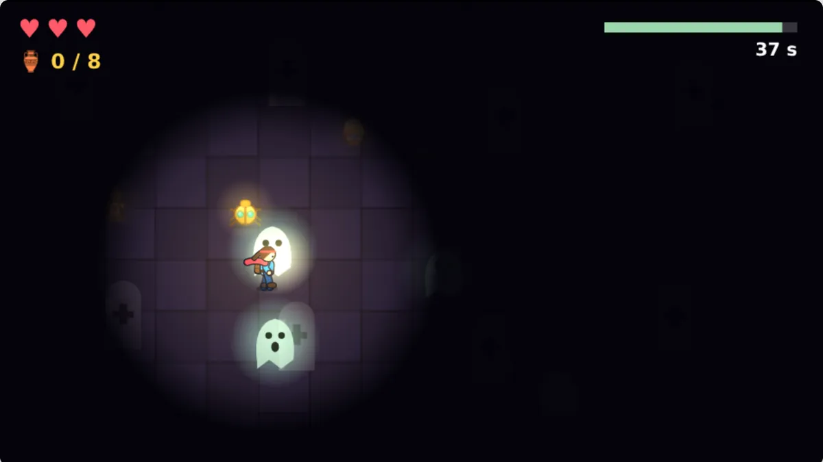 Lantern Hunt: the hero holds a small circle of light in a dark crypt, ghosts nearby, 0 of 8 urns found